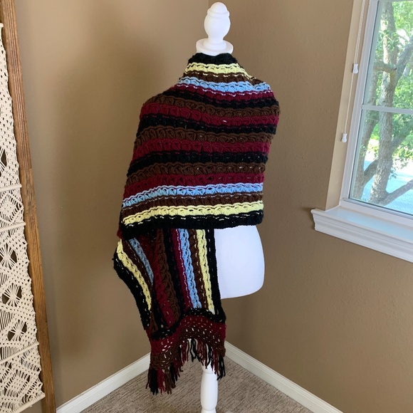 Handmade Crochet Scarf -- blend of maroon, black, brown, blue, yellow - Picture 1 of 10